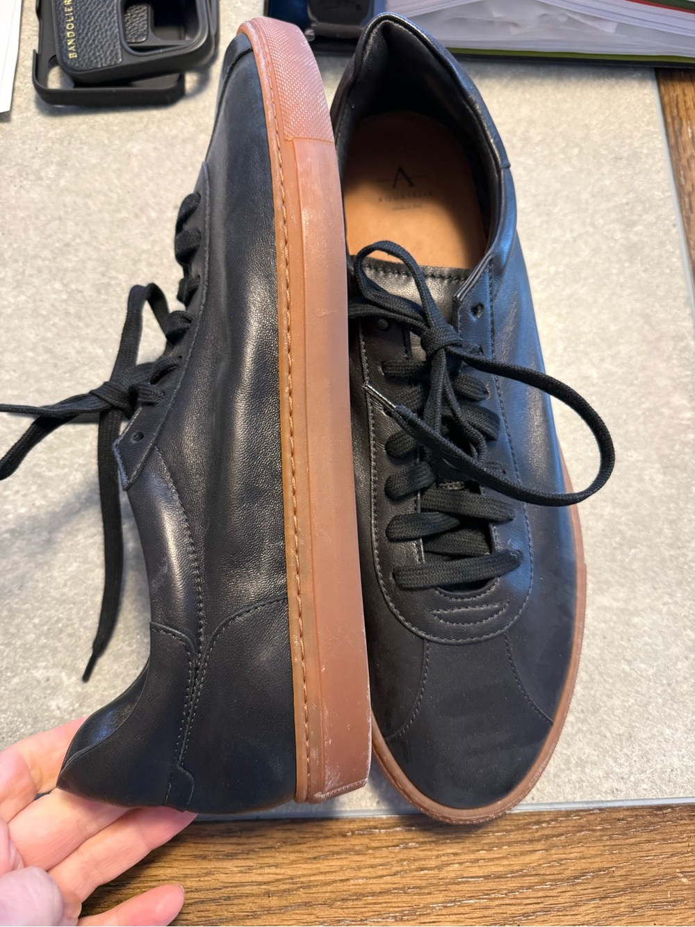 Aquatalia Men's Black Leather Sneakers with Gum Sole made in Italy